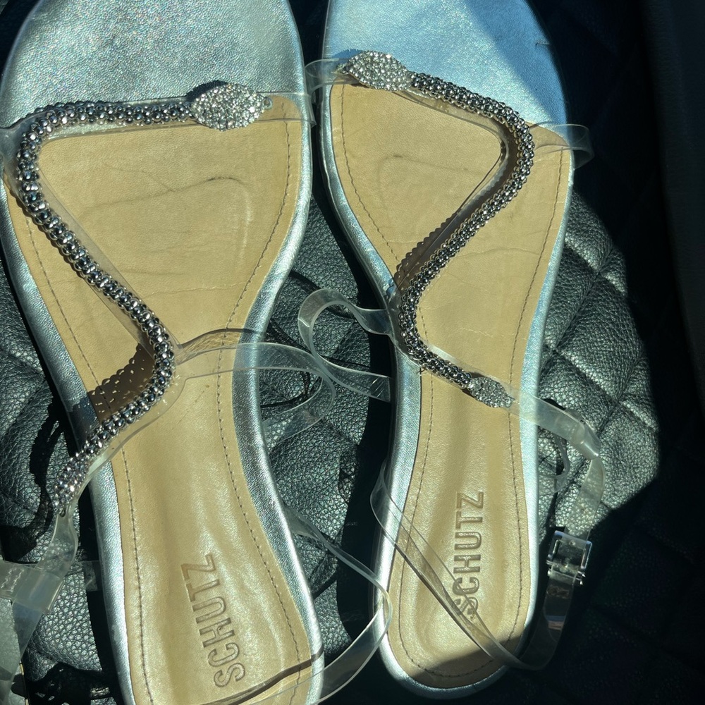 Schutz Silver and Tan Embellished Sandals - Picture 1 of 5